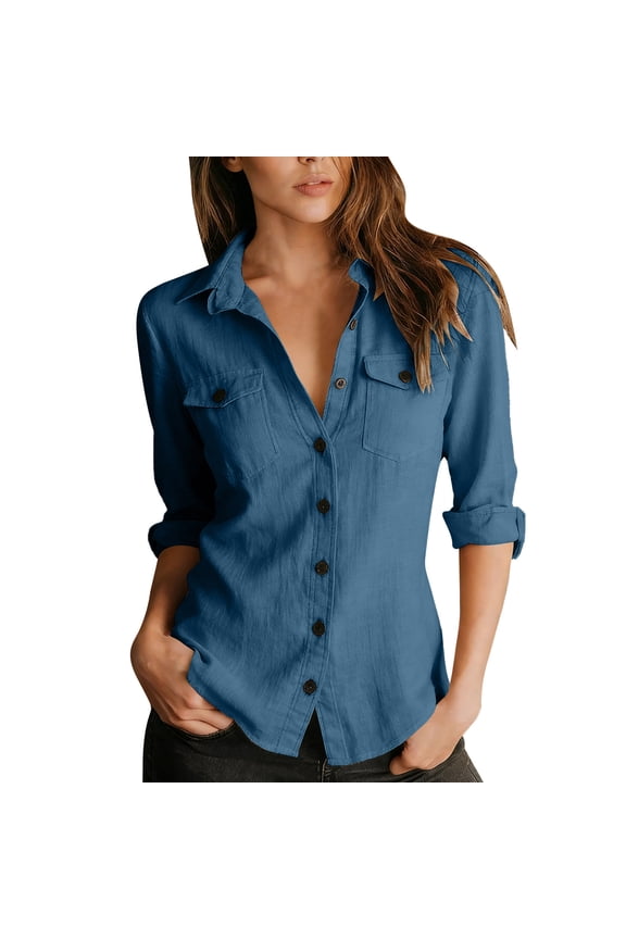 Women's Button-Down Roll Tab Sleeve Shirt - Casual Linen Blend Blouse with Chest Pockets