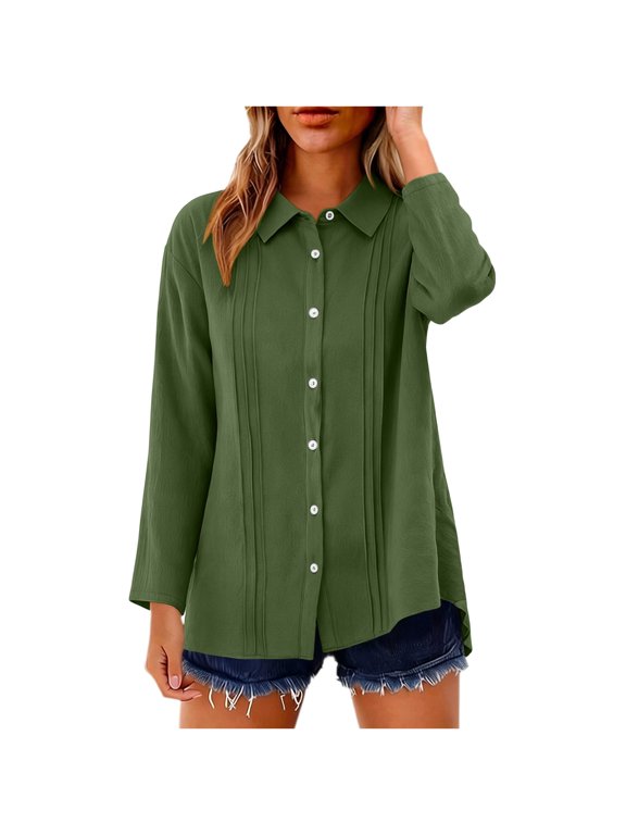 Women's Button Down Shirt with Pleated Front Long Sleeve Casual Top Breathable Cotton Blend