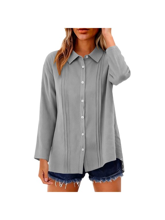 Women's Button Down Shirt with Pleated Front Long Sleeve Casual Top Breathable Cotton Blend