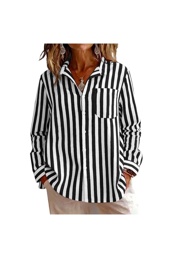 Women's Button-Down Shirts Long Sleeve Striped Loose Fit Office Work Blouse with Pocket