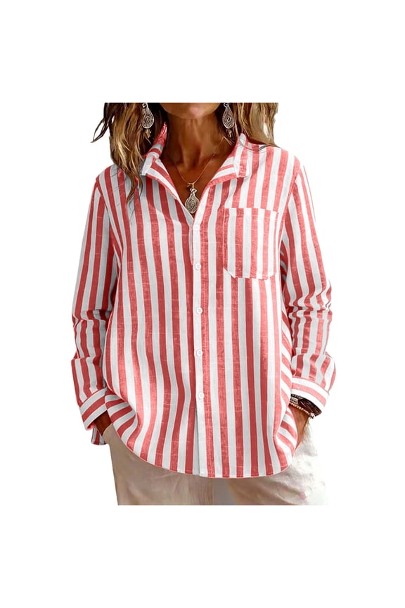 Women's Button-Down Shirts Long Sleeve Striped Loose Fit Office Work Blouse with Pocket