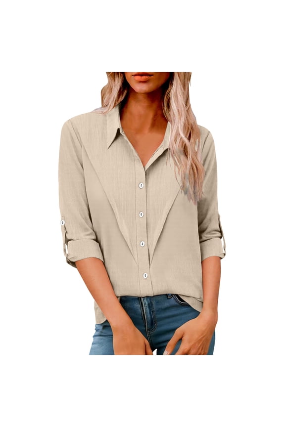 Women's Button Down Shirts - Rolled Long Sleeve Blouse Loose Fit for Casual & Work, Sizes S-5XL