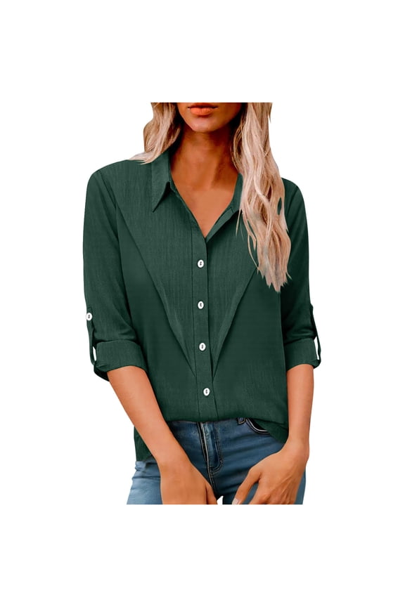 Women's Button Down Shirts - Rolled Long Sleeve Blouse Loose Fit for Casual & Work, Sizes S-5XL