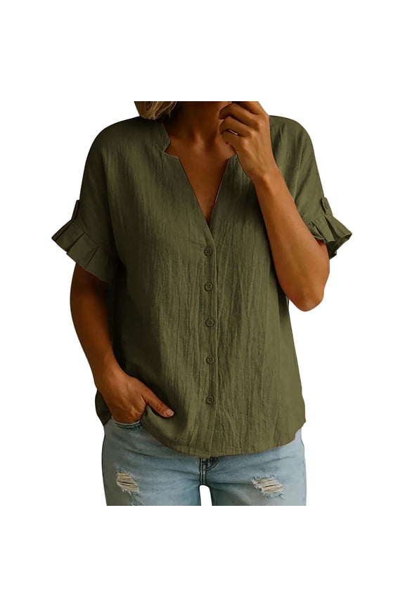 Women's Button-Front Blouse, Crinkle Cotton Short Ruffle Sleeve Casual Summer Top Breathable Comfy