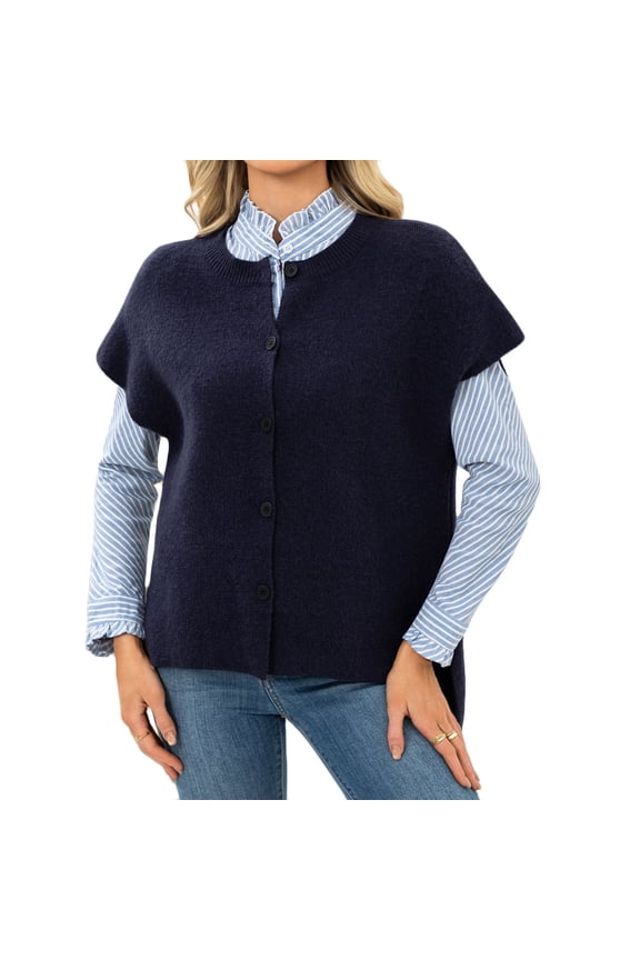 Women's Button Up Poncho Sweater Short Sleeve Wrap Vest Side Slit Loose Fit Cardigan