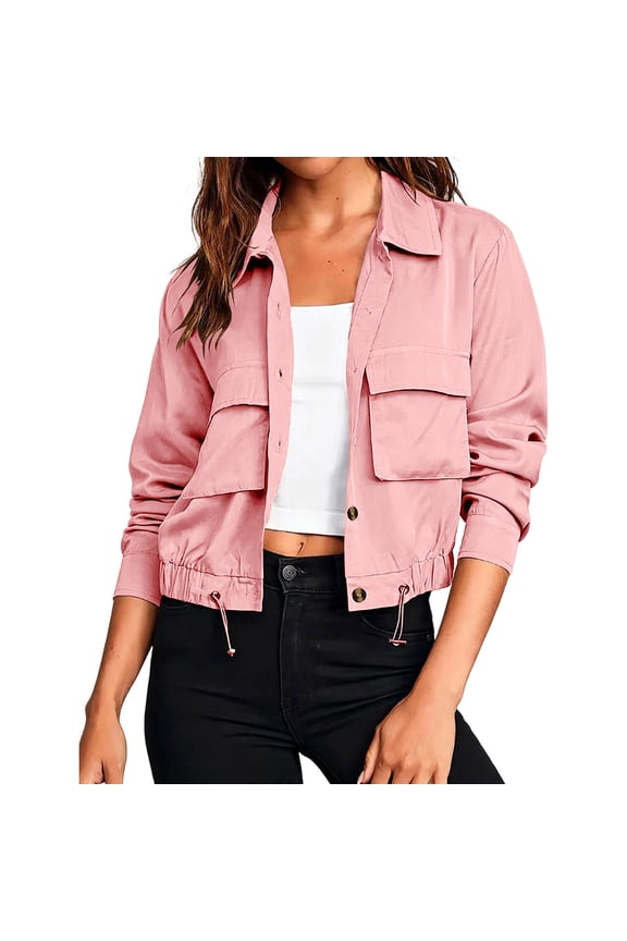 Women's Cargo Utility Jacket, Cropped Button Down Lightweight with Flap Pockets and Drawstring