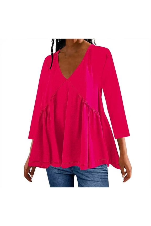 Womens Oversized Tops V Neck Ruched Peplum Tunic Shirts Slouchy Casual Fall Blouse