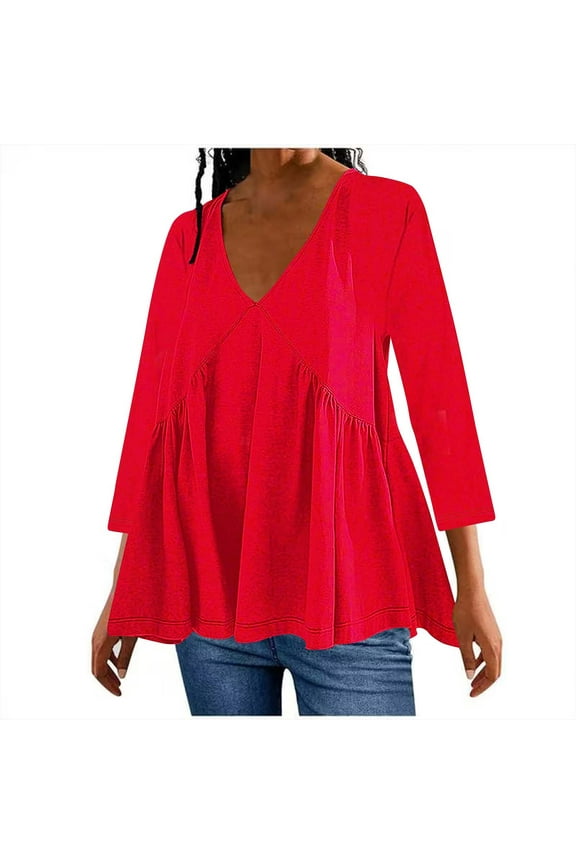 Womens Oversized Tops V Neck Ruched Peplum Tunic Shirts Slouchy Casual Fall Blouse