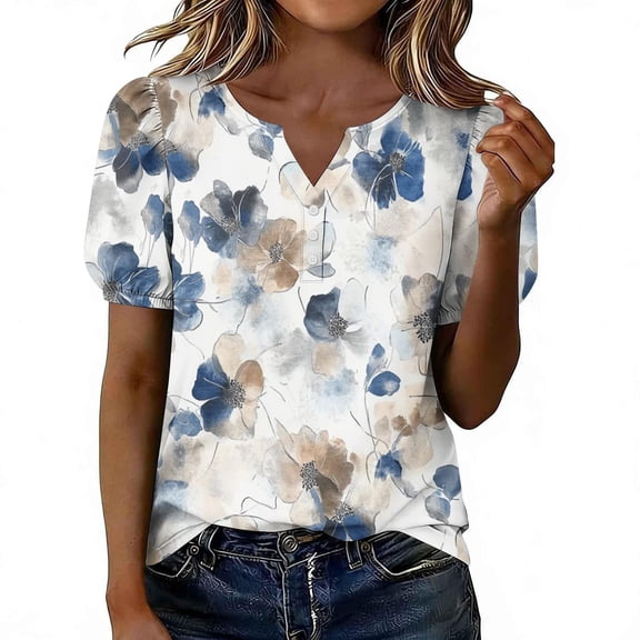 Perfectbot Women's Casual Boho Floral Print Blouse, Puff Short Sleeve Button V Neck Summer Soft Comfy Shirt