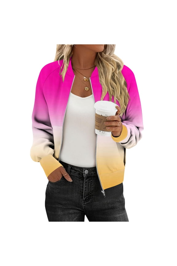 Women's Casual Bomber Jacket - Zip Up with Pockets Spring Fall Outerwear, Gradient Color Design