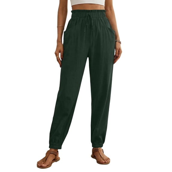 Perfectbot Women's Casual Drawstring Pants Ruffle Elastic Waist Cuff Bottom Pants with Pockets
