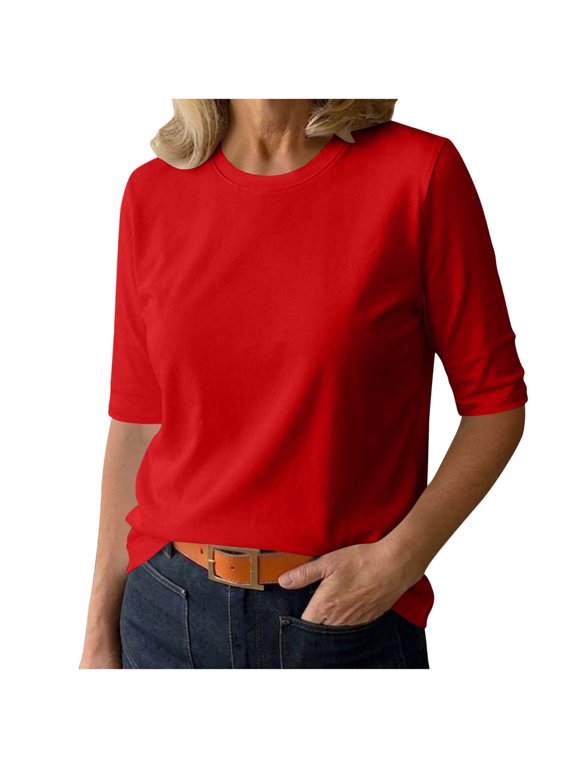 Women's Casual Half Sleeve T-Shirt, Crewneck Solid Color Basic Tee Everyday Top
