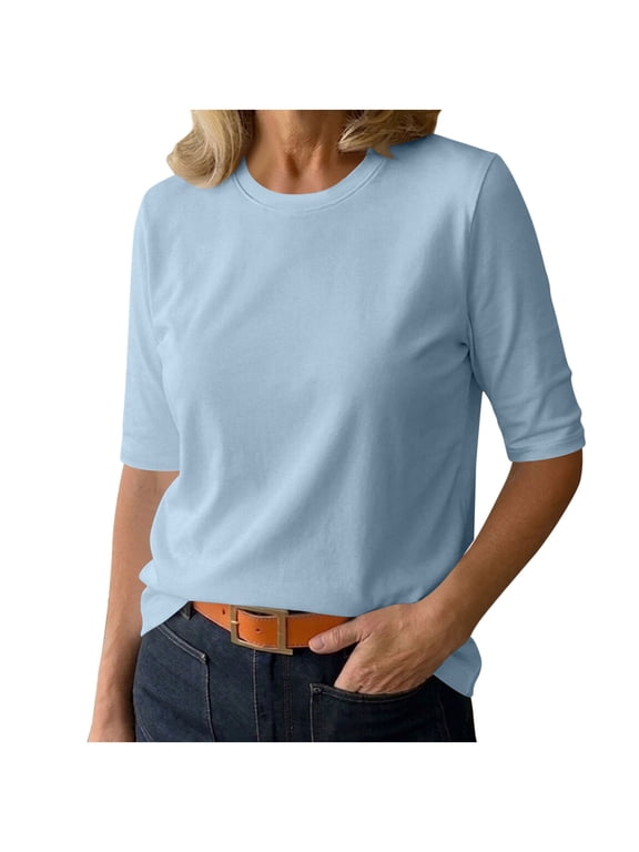 Women's Casual Half Sleeve T-Shirt, Crewneck Solid Color Basic Tee Everyday Top