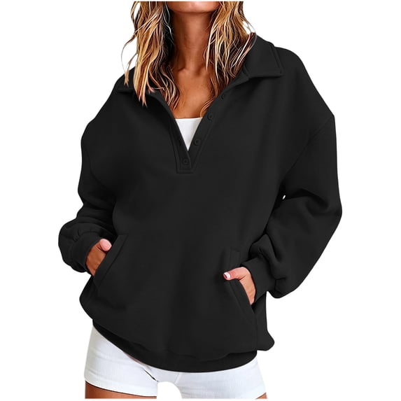 Perfectbot Women's Casual Long Sleeve Collared Button Sweatshirt Drop Shoulder Loose Fit Pullover Top