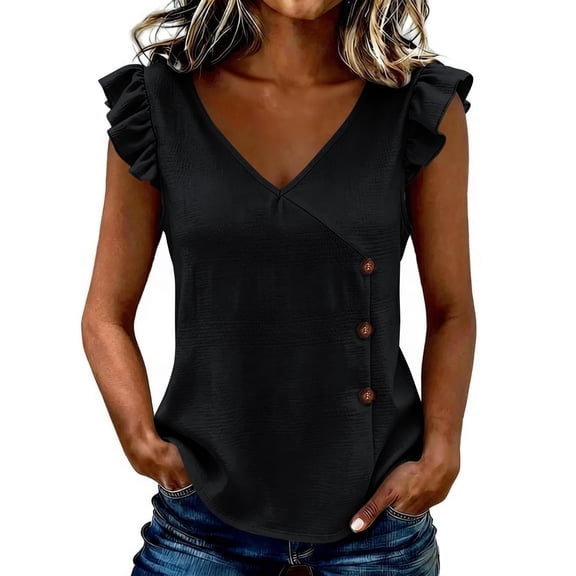 Perfectbot Women's Casual V-Neck Blouse, Ruffle Sleeves Side Buttons Lightweight Summer Top Cotton Blend