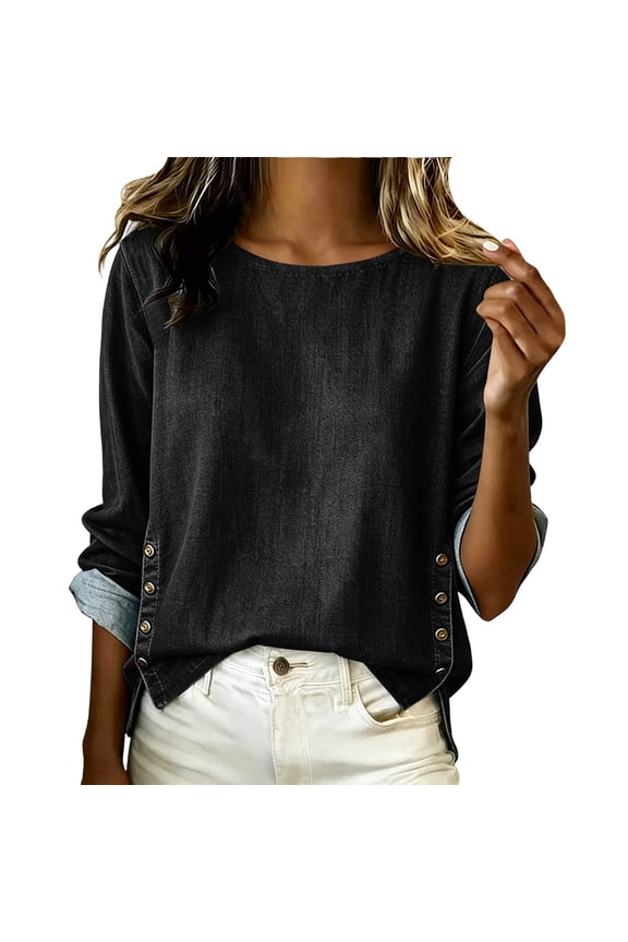 Women's Chambray Round Neck Blouse, Roll Tab Sleeve Denim Top, Casual Side Button Shirt