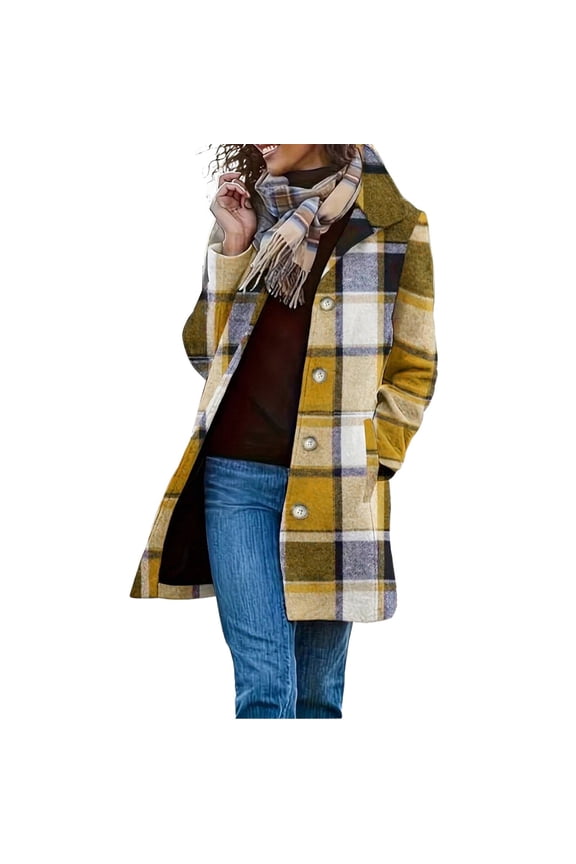 Women's Checkered Plaid Jacket Single Breasted Lapel Long Sleeve Mid-Length Coat