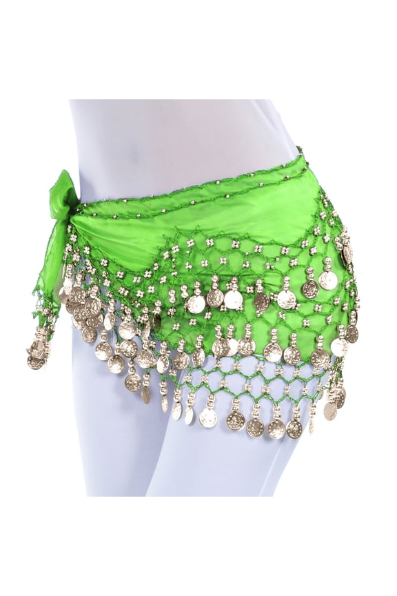 Women's Chiffon Belly Dance Hip Scarf Waist Belt - 128 Coins Dangling Mini Skirt