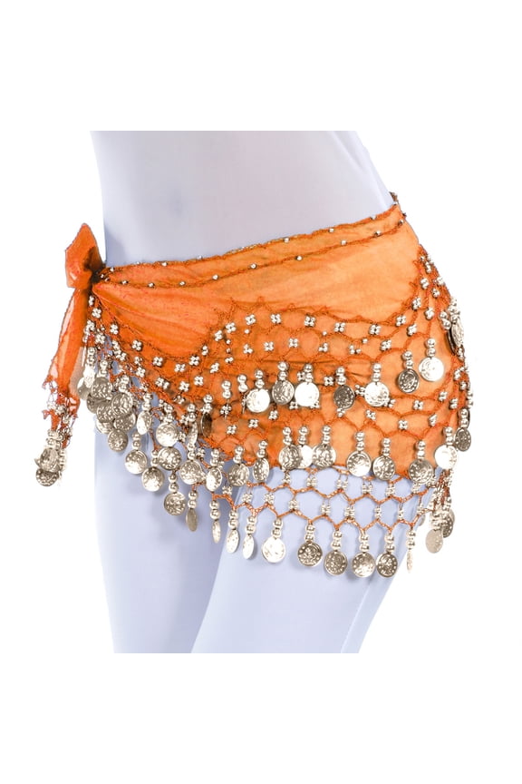 Women's Chiffon Belly Dance Hip Scarf Waist Belt - 128 Coins Dangling Mini Skirt