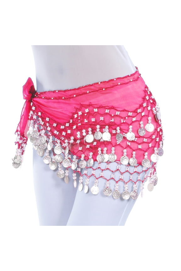 Women's Chiffon Belly Dance Hip Scarf Waist Belt - 128 Coins Dangling Mini Skirt