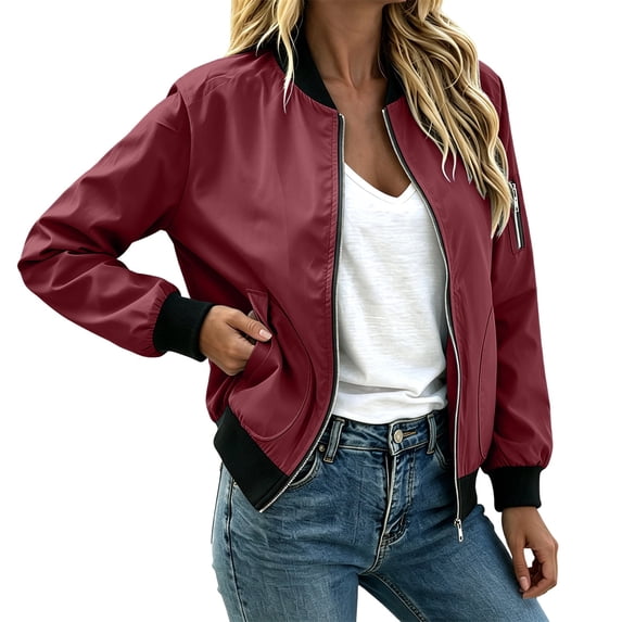 Perfectbot Women's Classic Bomber Jacket, Zip Up Lightweight Windbreaker with Ribbed Collar Cuffs Hem