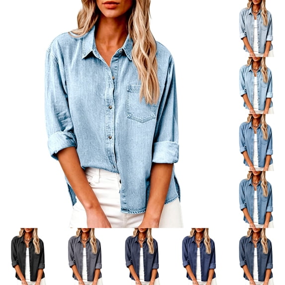 Perfectbot Women's Classic Denim Button Up Shirt Collared Long Sleeve Casual Work Office Blouse with Pocket