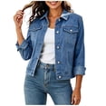 thumbnail image 1 of Perfectbot Women's Classic Denim Jacket, Button Down Jean Washed Jacket with Chest Flap Pockets & Roll-Up Cuffs, 1 of 7