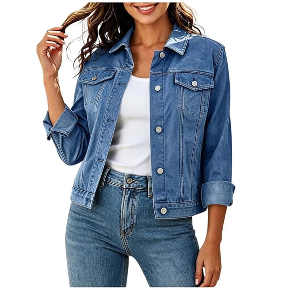 Perfectbot Women's Classic Denim Jacket, Button Down Jean Washed Jacket with Chest Flap Pockets & Roll-Up Cuffs