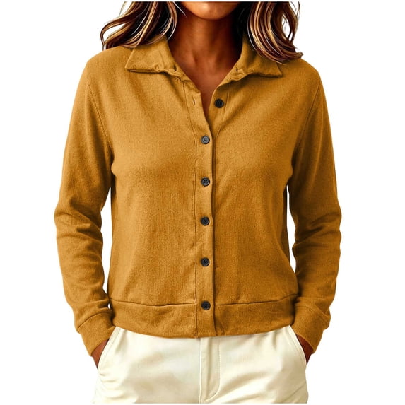Perfectbot Women's Collared Button-Down Cardigan Long Sleeve Knit Jacket Top with Ribbed Trim