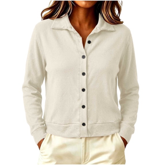 Perfectbot Women's Collared Button-Down Cardigan Long Sleeve Knit Jacket Top with Ribbed Trim