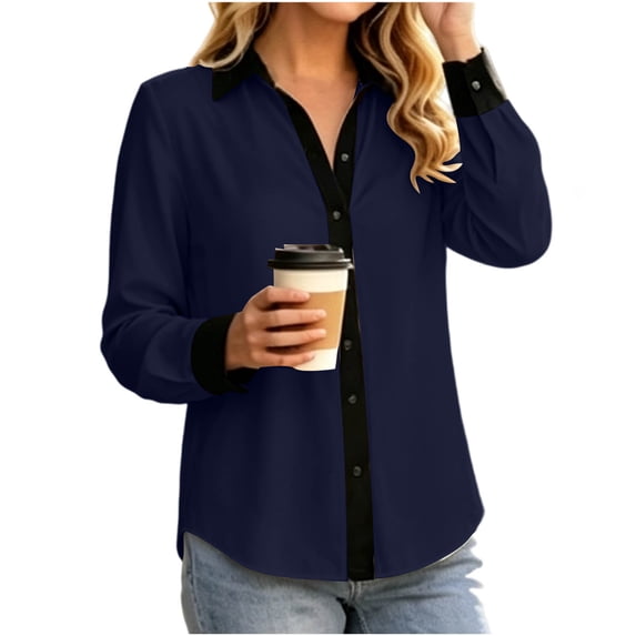 Perfectbot Women's Collared Button Down Shirt, Contrast Trim Long Sleeve Blouse Curved Hem Casual Office Work Top