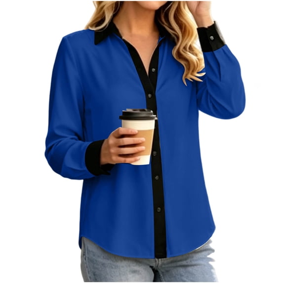 Perfectbot Women's Collared Button Down Shirt, Contrast Trim Long Sleeve Blouse Curved Hem Casual Office Work Top
