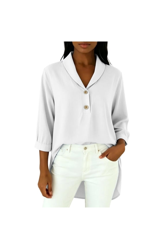 Women's Collared Half-Button Blouse High Low Hem Side Slit 3/4 Sleeve Casual Wear