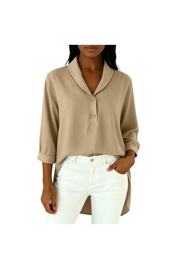 Women's Collared Half-Button Blouse High Low Hem Side Slit 3/4 Sleeve Casual Wear