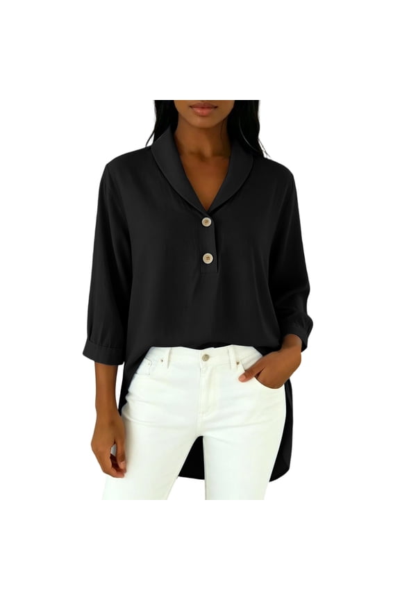 Women's Collared Half-Button Blouse High Low Hem Side Slit 3/4 Sleeve Casual Wear