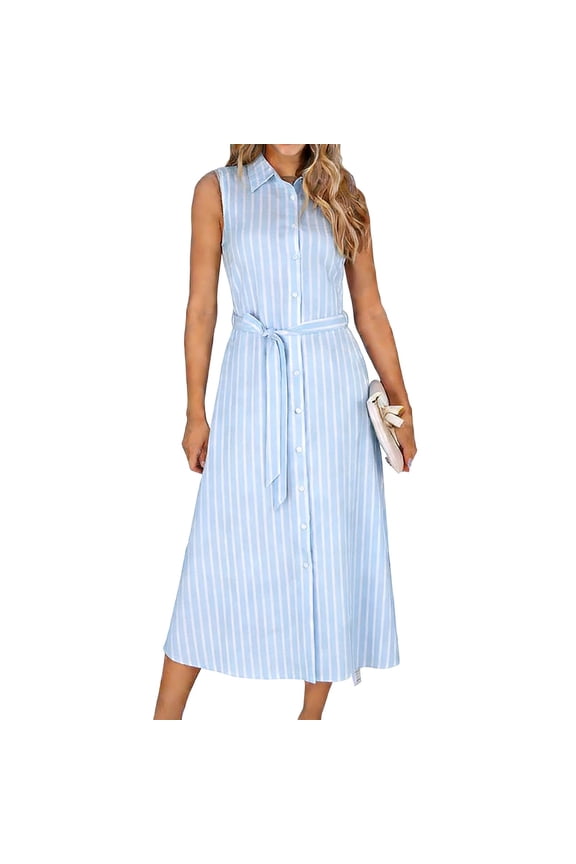 Women's Collared Sleeveless Striped Midi Dress, Button Down Shirt Dress with Belt, Casual Office Wear
