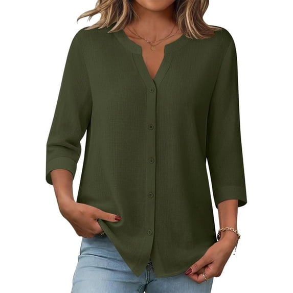 Perfectbot Women's Collarless Button Down Shirt, 3/4 Sleeve Cotton Linen Tunic Blouse with Curved Hem