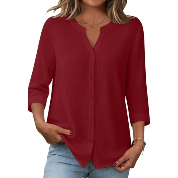 Perfectbot Women's Collarless Button Down Shirt, 3/4 Sleeve Cotton Linen Tunic Blouse with Curved Hem