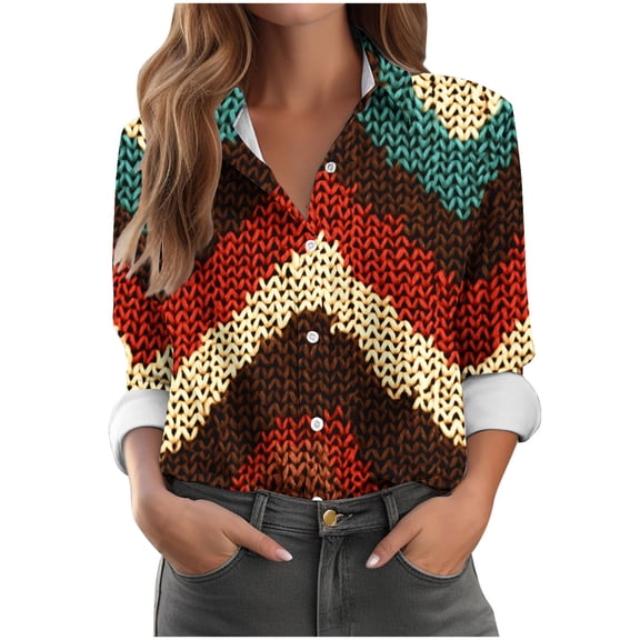 Perfectbot Women's Color Block Button Down Blouse - Dressy Long Sleeve Casual Top, Sizes S-5XL