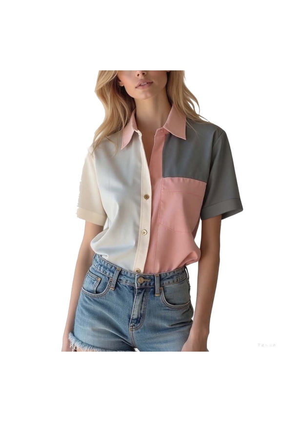 Women's Color Block Button Down Shirt Short Sleeve Loose Trendy Business Casual Blouse