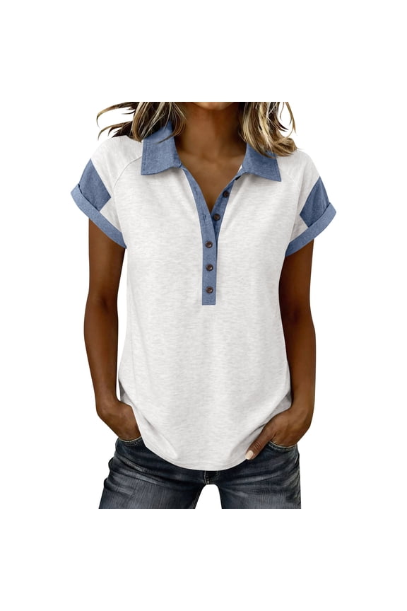 Women's Color Block Henley Shirt Faux Denim Trim Collared Rolled Cuff Short Sleeve Top