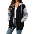 thumbnail image 1 of Perfectbot Women's Color Block Zip Up Hooded Jacket, Front Kangaroo Pockets Hooded Sweatshirt Coat, 1 of 7