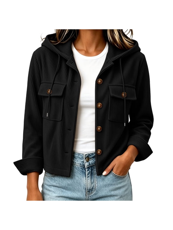 Women's Corduroy Crop Hooded Shacket Button Down Long Sleeve Jacket Fall Casual Outerwear