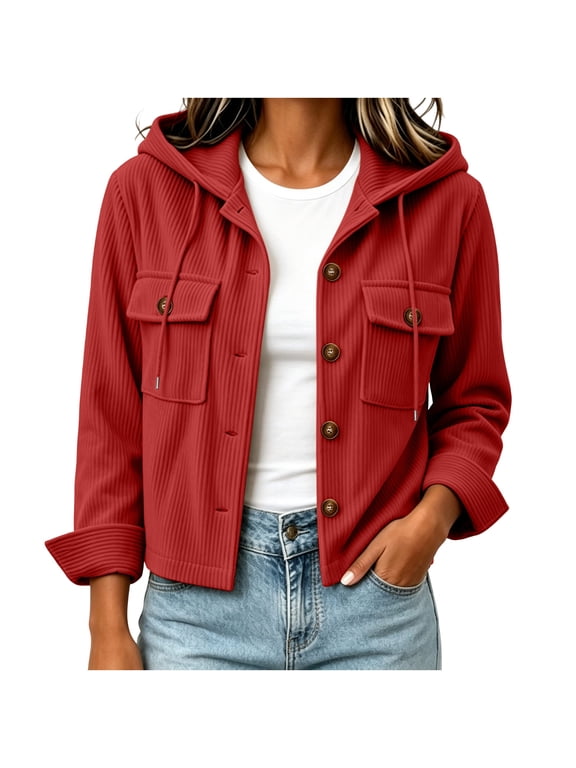 Women's Corduroy Crop Hooded Shacket Button Down Long Sleeve Jacket Fall Casual Outerwear