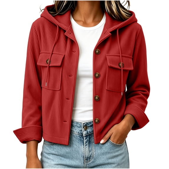 Perfectbot Women's Corduroy Crop Hooded Shacket Button Down Long Sleeve Jacket Fall Casual Outerwear