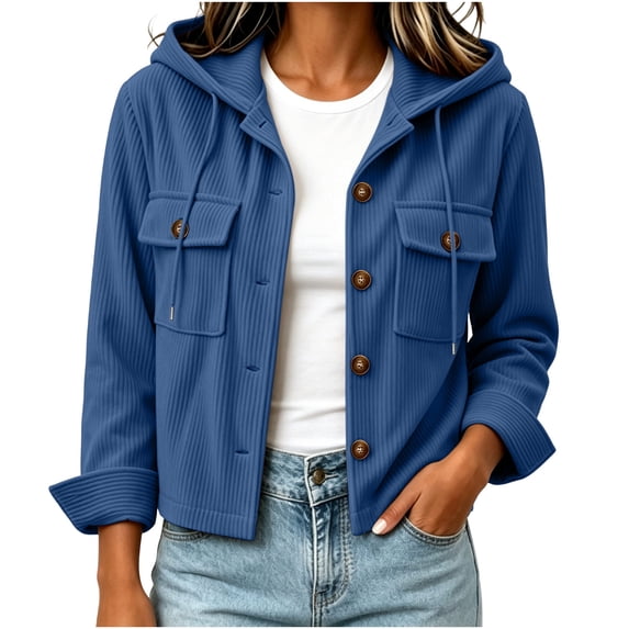 Perfectbot Women's Corduroy Crop Hooded Shacket Button Down Long Sleeve Jacket Fall Casual Outerwear