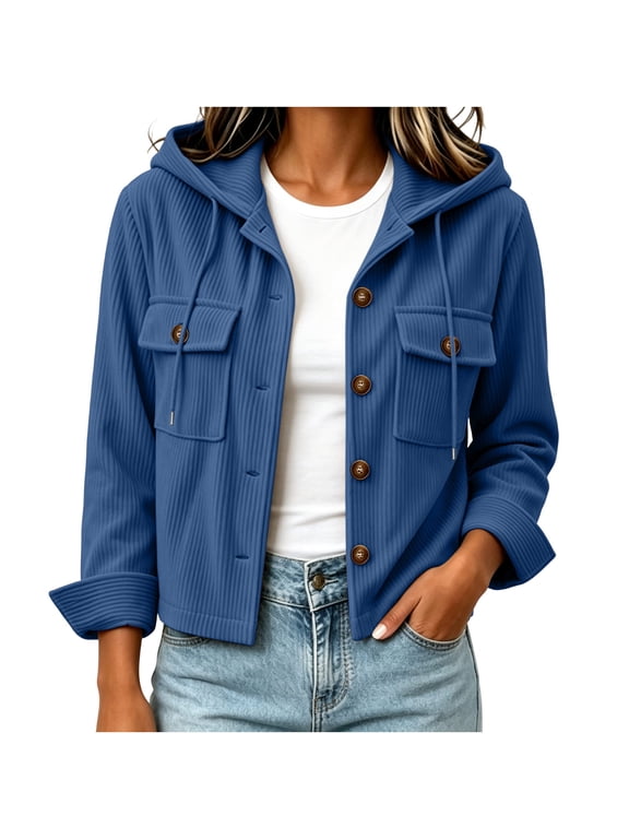 Women's Corduroy Crop Hooded Shacket Button Down Long Sleeve Jacket Fall Casual Outerwear