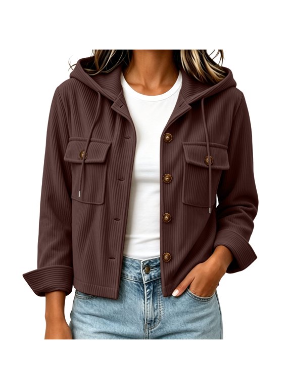 Women's Corduroy Crop Hooded Shacket Button Down Long Sleeve Jacket Fall Casual Outerwear