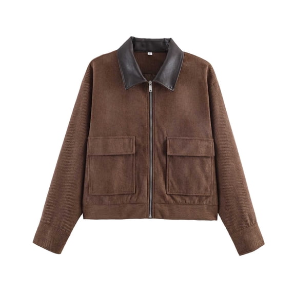 Perfectbot Women's Corduroy Cropped Bomber Jacket Faux Leather Collar Zip-Up Casual Fall Outerwear