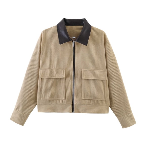 Perfectbot Women's Corduroy Cropped Bomber Jacket Faux Leather Collar Zip-Up Casual Fall Outerwear